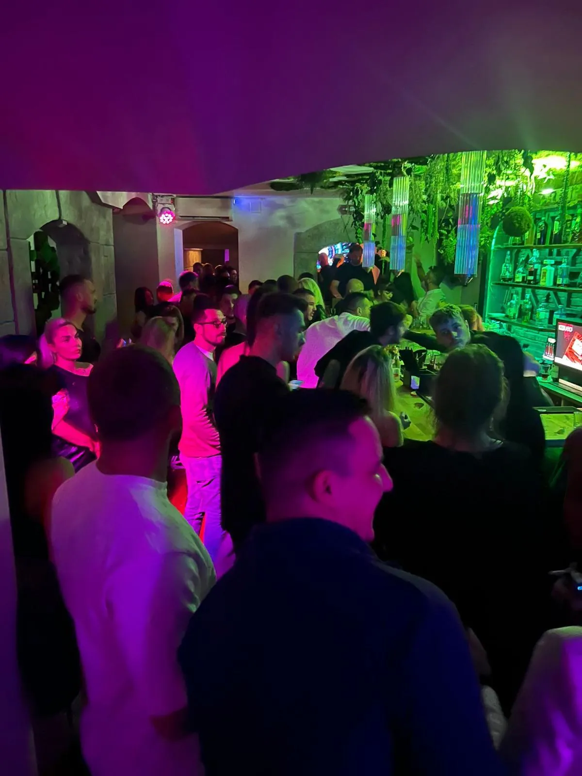 Petrecere sub lumini verzi și mov